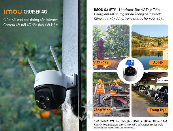 Camera IP 4G IMOU Cruiser IPC-S21FTP 2MP Xoay ngoài trời Chính hãng (355°-90°, 1920x1080, 3.6mm, H.265, Đàm thoại 2 chiều, Đèn còi báo động, Có màu ban đêm, DWDR, Có LAN, Kèm nguồn 12V)