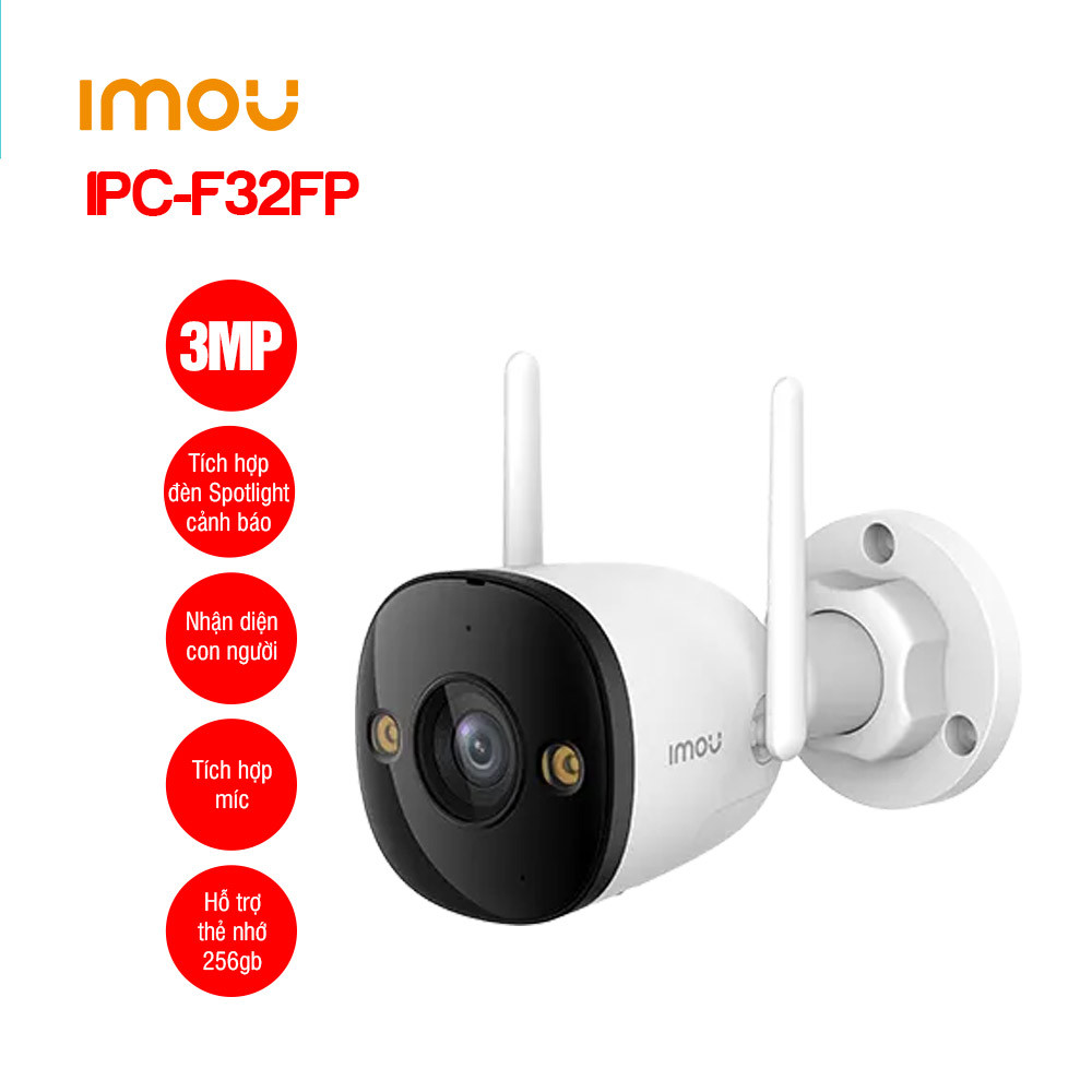 Camera IP Wifi IMOU IPC-F32FP 3MP Chính hãng ( Thân ngoài trời, 2560x1440, H.265, 2.8mm, Có màu ban đêm, có LAN, Kèm nguồn 12V)