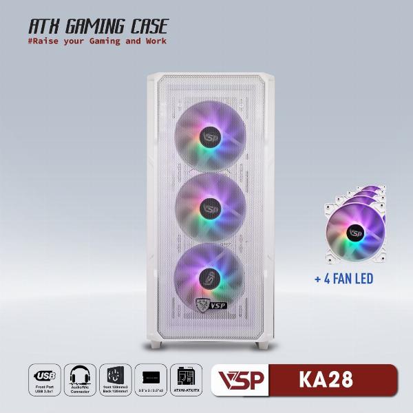 Case VSP KA28 White (367x216x465mm, Mặt trước lưới, Hông kính cường lực, Fan đuôi 1x120mm đã kèm, Fan trước 3x120mm đã kèm, Fan trên 2x120mm ko kèm, 1xUSB3.0, 2xUSB2.0, 2xHDD, 2xSSD, Tản nước 120/240/360mm ko kèm, Nguồn dưới dây dài)