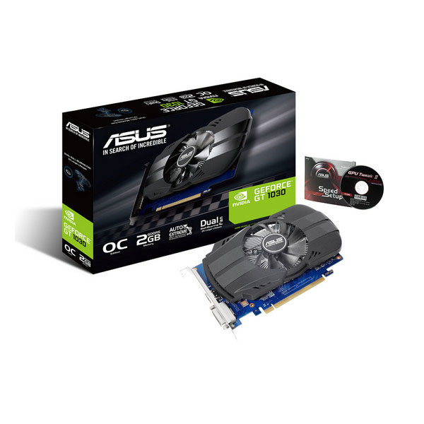 VGA ASUS GT 1030 Chính hãng (PH-GT1030-O2G, HDMI, DVI 24+1, 2G, DDR5, 64bit, 1 Fan, 300W, 0pin)