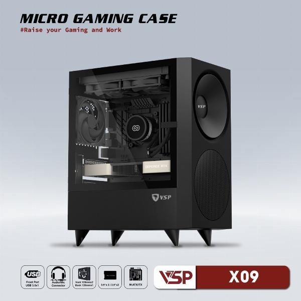 Case VSP X09 Black (365x200x426mm, Hông trong suốt, Fan đuôi 1x120mm ko kèm, Fan trước 2x120mm ko kèm, Fan trên 2x120mm ko kèm, 1xUSB3.0, 2xUSB2.0, 2xHDD, 2xSDD, Nguồn trên dây ngắn)