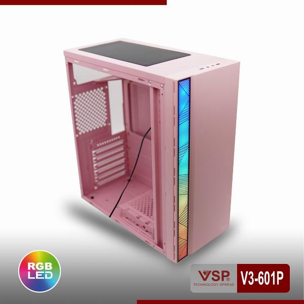 Case VSP V3-601P Pink (370x196x432mm, Dãy LED RGB, Hông trong suốt, Fan đuôi 1x120mm ko kèm, Fan trước 2x120mm ko kèm, 1xUSB3.0, 1xUSB2.0, 2xHDD, 2xSSD, Nguồn trên dây dài)