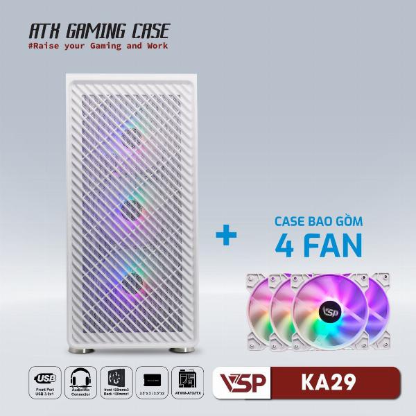 Case VSPTECH KA29 White (368x216x458mm, Hông trong suốt, Fan đuôi 1x120mm đã kèm , Fan trước 3x120mm đã kèm, 1xUSB3.0, 2xUSB2.0, 2xHDD, 2xSSD, Nguồn dưới) + Kèm 4 Fan LED