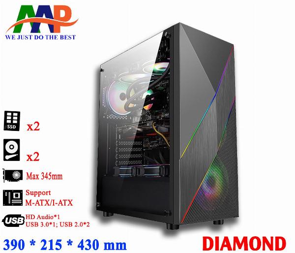 Case AAP DIAMOND (390x215x430mm, Dãy LED RGB, Hông kính cường lực, Fan đuôi 1x120mm ko kèm, Fan trước 3x120mm ko kèm, Fan trên 2x120mm ko kèm, 1xUSB3.0, 2xUSB2.0, 2xHDD, 2xSSD, Tản nước 120/240mm ko kèm, Nguồn dưới dây dài)