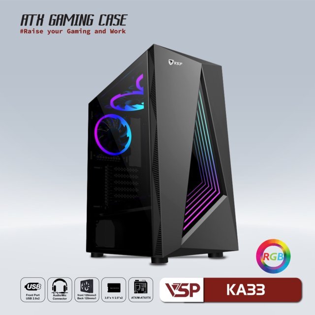 Case VSP KA33 Black (362x185x410mm, Mặt trước sẵn led RGB, Hông kính cường lực, Fan đuôi 1x120mm ko kèm, Fan trước 3x120mm ko kèm, Fan trên 2x120mm ko kèm, 1xUSB3.0, 2xUSB2.0, 2xHDD, 2xSSD, Tản nước 120/240mm ko kèm, Nguồn dưới dây dài)