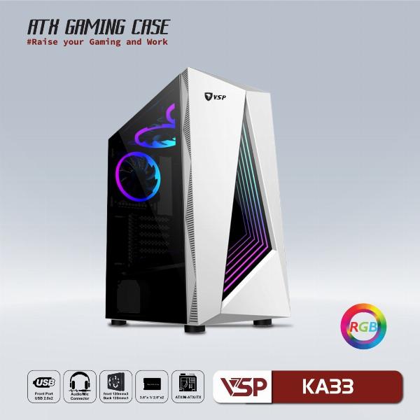 Case VSP KA33 White (362x185x410mm, Mặt trước sẵn led RGB, Hông kính cường lực, Fan đuôi 1x120mm ko kèm, Fan trước 3x120mm ko kèm, Fan trên 2x120mm ko kèm, 1xUSB3.0, 2xUSB2.0, 2xHDD, 2xSSD, Tản nước 120/240mm ko kèm, Nguồn dưới dây dài) 