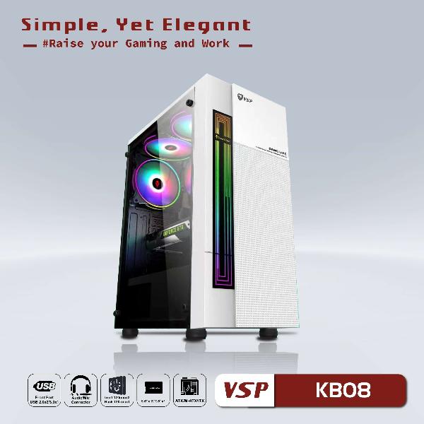 Case VISION KB08 White (282x192x413mm, Hông Kính Cường Lực, Mặt trước sẵn led RGB, Fan đuôi 1x120mm ko kèm, Fan trước 3x120mm ko kèm, Fan trên 2x120mm ko kèm, 1xUSB3.0, 2xUSB2.0, 2xHDD, 2xSSD, Tản nước 120/240mm ko kèm, Nguồn dưới dây dài)