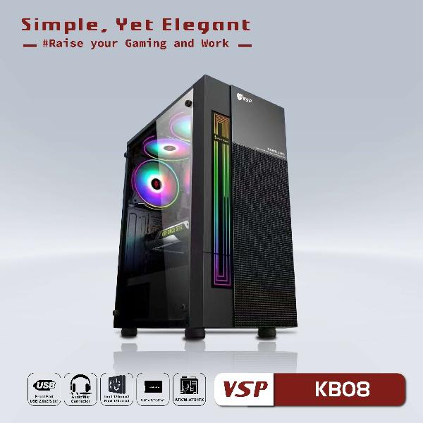 Case VISION KB08 Black (282x192x413mm, Hông Kính Cường Lực, Mặt trước sẵn led RGB, Fan đuôi 1x120mm ko kèm, Fan trước 3x120mm ko kèm, Fan trên 2x120mm ko kèm, 1xUSB3.0, 2xUSB2.0, 2xHDD, 2xSSD, Tản nước 120/240mm ko kèm, Nguồn dưới dây dài)