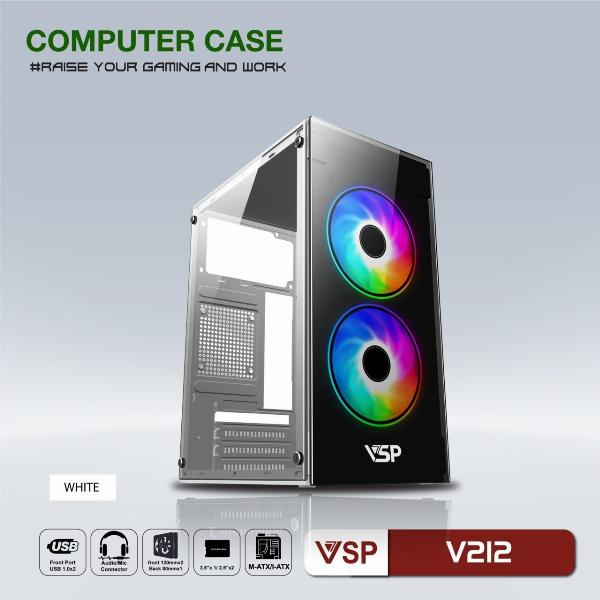 Case VSP V212 White (270x168x350mm, Hông + Mặt trước kính cường lực, Fan đuôi 1x80mm ko kèm, Fan trước 2x120mm ko kèm, 2xUSB2.0, 1xHDD, 2xSSD, Nguồn trên dây ngắn)