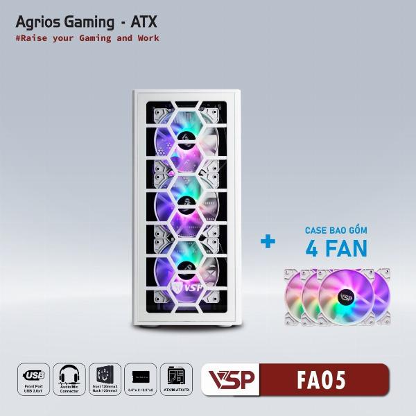 Case VSP FA05 White (375x200x452mm, Hông kính cường lực, Fan đuôi 1x120mm đã kèm, Fan trước 3x120mm đã kèm, Fan trên 2x120mm ko kèm, 1xUSB3.0, 2xUSB2.0, 2xHDD, 2xSDD, Tản nước 120/240/360mm ko kèm, Nguồn dưới dây dài)