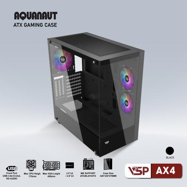 Case VSP AQUANAUT AX4 Black (425x230x470mm, 2 mặt kính cường lực, Fan đuôi 1x120mm ko kèm, Fan hông B 2x120mm ko kèm, Fan trên 3x120mm ko kèm, Fan dưới 3x120mm ko kèm, 1xUSB3.0, 2xUSB2.0, 2xHDD, 2xSDD, Hỗ trợ tản nhiệt nước 360mm, Nguồn dưới dây dài)