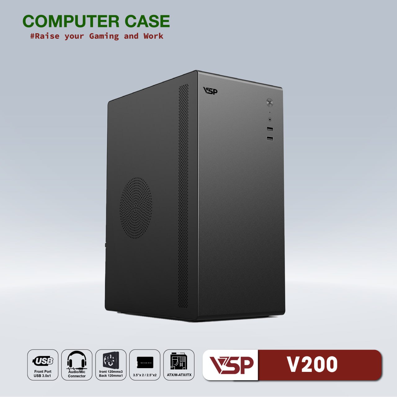 Case VSP V200 Black (260x165x353mm, Fan đuôi 1x80mm ko kèm, 2xUSB2.0, 2xHDD, 2xSSD, Nguồn trên dây ngắn)