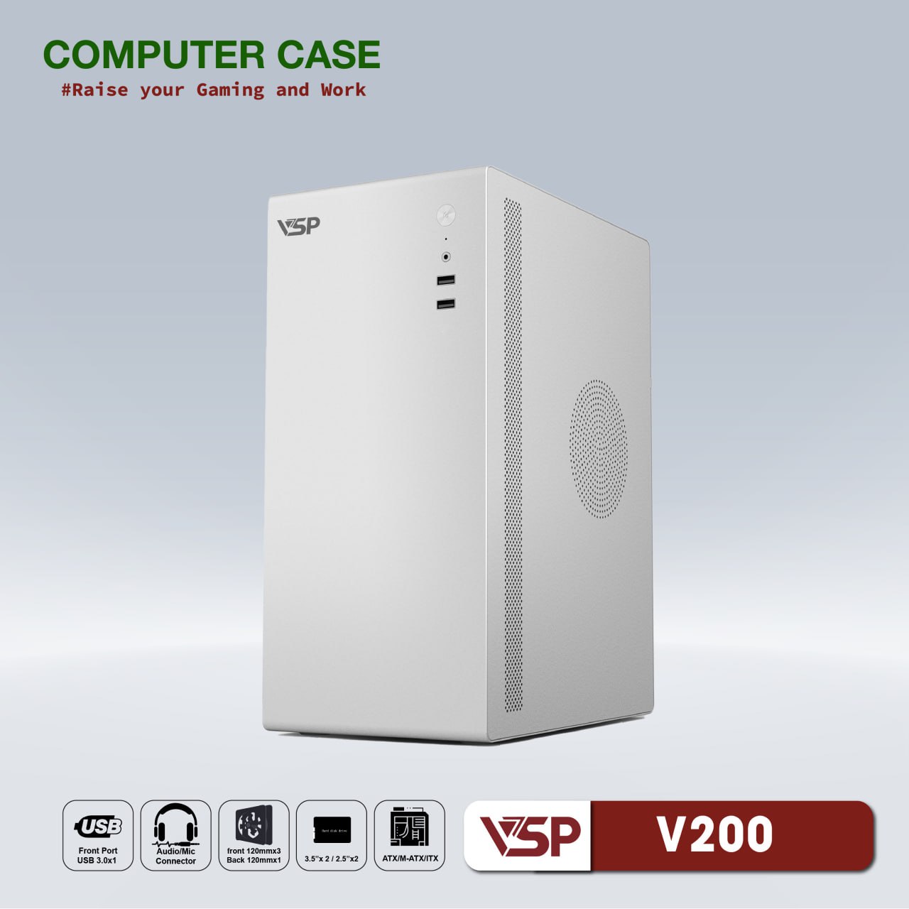 Case VSP V200 White (260x165x353mm, Fan đuôi 1x80mm ko kèm, 2xUSB2.0, 2xHDD, 2xSSD, Nguồn trên dây ngắn)