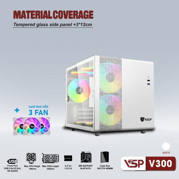 Case VSP V300 White (350x275x304mm, Hông trong suốt, Fan đuôi 1x120mm đã kèm, Fan trước 2x120mm đã kèm, Fan trên 2x120mm ko kèm, 1xUSB3.0, 2xUSB2.0, 2xHDD, 3xSDD, Nguồn dưới dây dài)