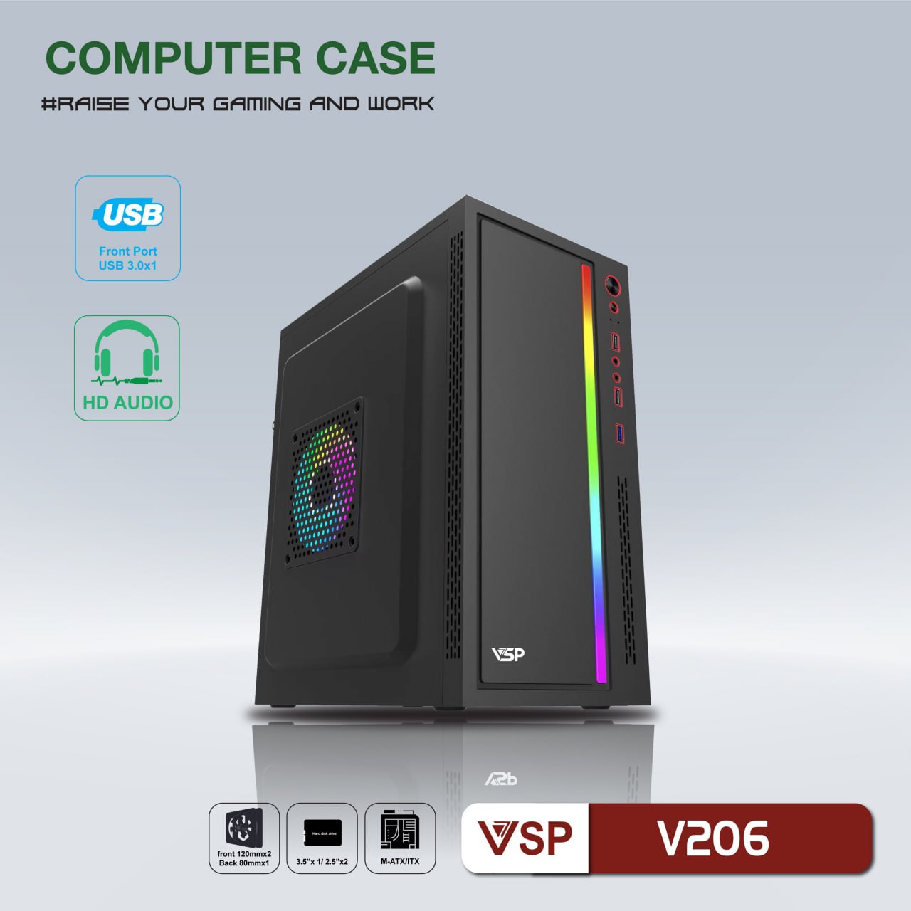 Case VSP V206 Mini Black (305X170X350mm, Dãy Led RGB, Fan đuôi 1x80mm ko kèm, Fan hông 1x120mm ko kèm, 1xUSB3.0, 2xUSB2.0, 1xHDD, 1xSSD, Nguồn trên dây ngắn)