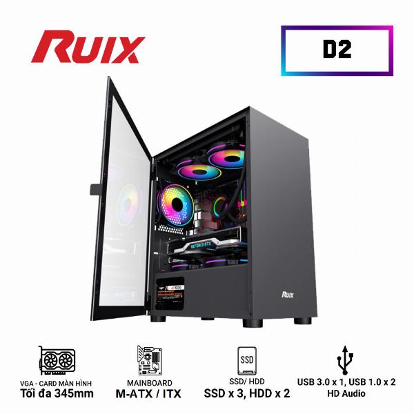 Case RUIX D2 Black (350x210x415mm, mặt kính cường lực, Fan sau 1x120mm ko kèm, Fan trên 2x120mm ko kèm, Fan dưới 2x120mm ko kèm, 1xUSB3.0, 2xUSB2.0, 2xHDD, 2xSDD, Tản nước 120/240mm ko kèm Nguồn dưới dây dài)