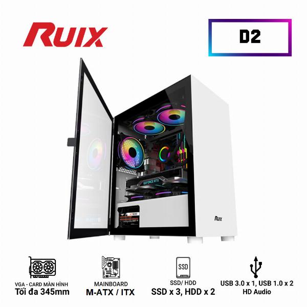 Case RUIX D2 White (350x210x415mm, mặt kính cường lực, Fan sau 1x120mm ko kèm, Fan trên 2x120mm ko kèm, Fan dưới 2x120mm ko kèm, 1xUSB3.0, 2xUSB2.0, 2xHDD, 2xSDD, Tản nước 120/240mm ko kèm Nguồn dưới dây dài)