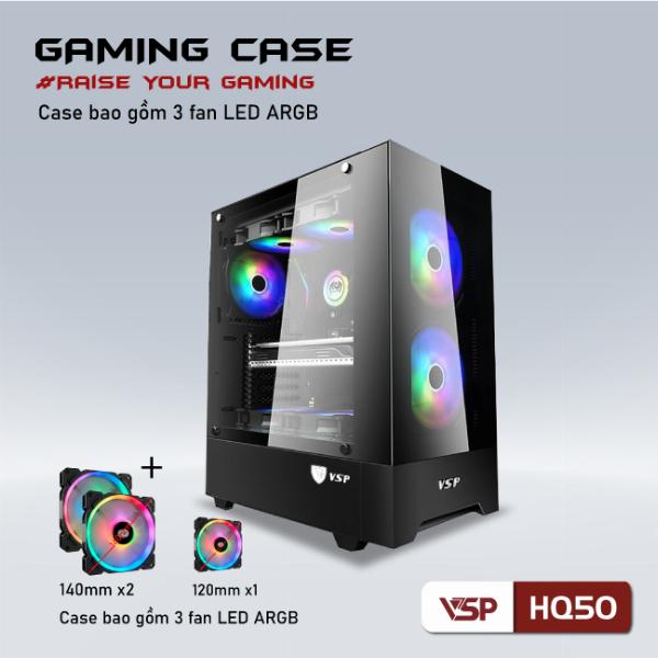 Case VSPTECH HQ50 Black (512x227x444mm, Hông kính cường lực, Fan đuôi 1x120mm đã kèm , Fan trước 2x140mm đã kèm, Fan trên 2x120mm ko kèm, Fan dưới 2x120mm ko kèm, 1xUSB3.0, 2xUSB2.0, 2xHDD, 2xSSD, Nguồn dưới) + Kèm 3 Fan LED ARGB 