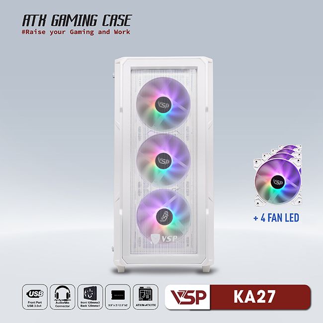 Case VSP KA27 White (kèm 4 fan LED) (367x216x465mm, Hông kính cường lực, Fan đuôi 1x120mm đã kèm , Fan trước 3x120mm đã kèm, 1xUSB3.0, 2xUSB2.0, 2xHDD, 2xSSD, Nguồn dưới) + Kèm 4 Fan LED