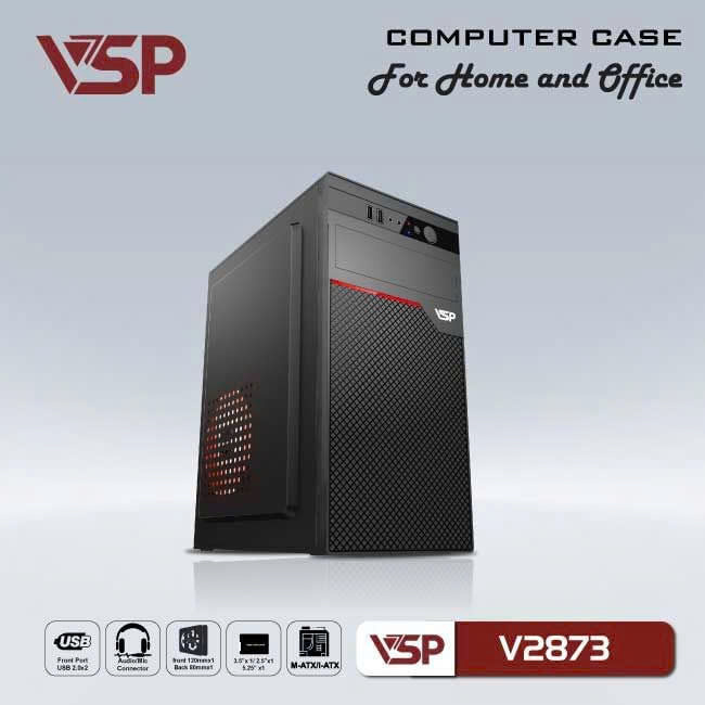 Case VSP 28XX-2873 Black (290x170x350mm, Fan đuôi 1x80mm ko kèm, Fan hông 1x120mm ko kèm, 2xUSB2.0, 1xHDD, 1xSSD, Nguồn trên dây ngắn)