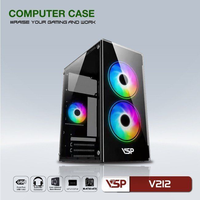 Case VSP V212 Black (270x168x350mm, Hông + Mặt trước kính cường lực, Fan đuôi 1x80mm ko kèm, Fan trước 2x120mm ko kèm, 2xUSB2.0, 1xHDD, 2xSSD, Nguồn trên dây ngắn)