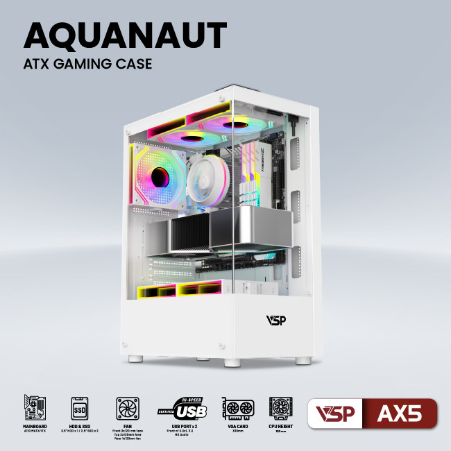 Case VSP AQuanaut AX5 White (308x192x435mm, Hông kính cường lực, Fan đuôi 1x120mm ko kèm, Fan trên 2x120mm ko kèm, Fan dưới 2x120mm ko kèm, 1xUSB3.0, 2xUSB2.0, 1xHDD, 2xSSD, Nguồn dưới dây dài)