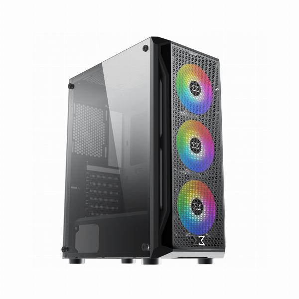 Case XIGMATEK GAMING (EN49899) Black + 3 Fan RGB (372 x 210 x 480 mm, Hông kính cường lực, Fan đuôi 1x120mm ko kèm, Fan trước 3x120mm đã kèm, Fan trên 2x120mm ko kèm, 1xUSB3.0, 1xUSB2.0, Audio in/out, 1xHDD, 2xSDD, Nguồn dưới dây dài)