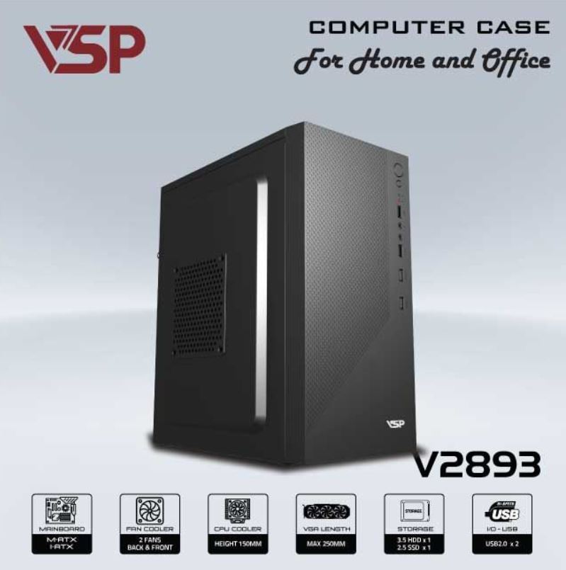 Case VSP 28XX-2893 Black (275x170x350mm, Fan đuôi 1x90mm ko kèm, Fan hông 1x120mm ko kèm, 2xUSB2.0, 1xHDD, 1xSSD, Nguồn trên dây ngắn)