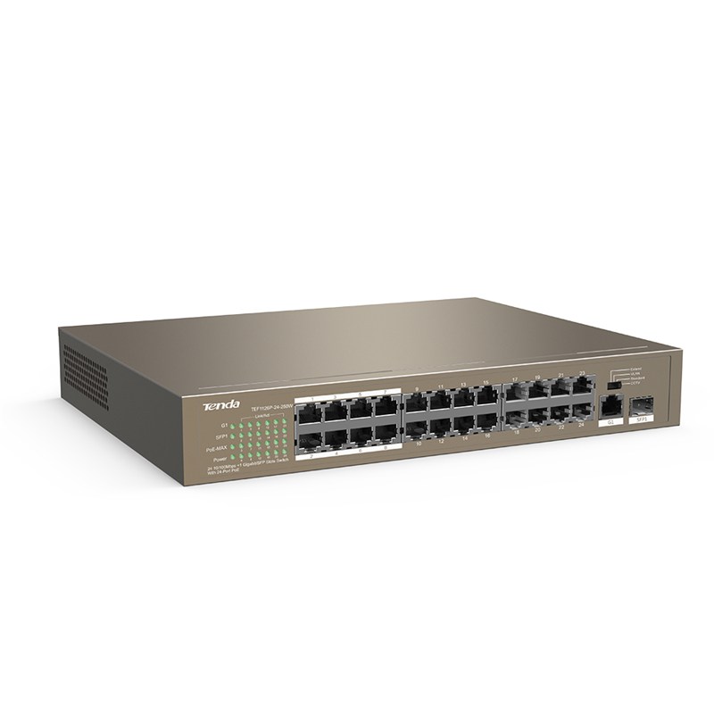 Switch PoE Tenda TEF1126P Chính hãng (với 24 port PoE, 1 port Gigabit 1.0Gbps và 1 port 1G FSP)