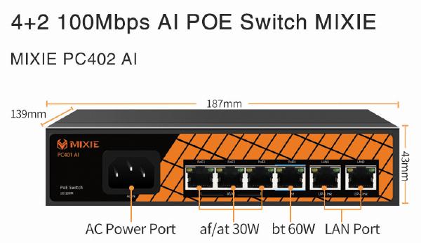 Switch POE MIXIE PC402 AI 4+2 100Mbs (Tối đa 250m, Chuẩn AT/AF, 78W, 52V)