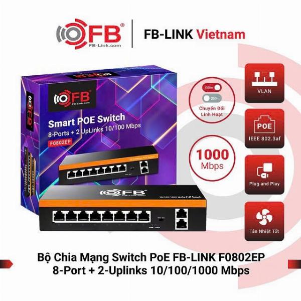 Switch POE FB-LINK F0802EP 8-Port + 2-Uplinks 10/100/1000 Mbps Chính Hãng (8 port PoE 100Mbps + 2 port Uplinks 1Gbps RJ45, Tối đa 250m, 48V-52V)